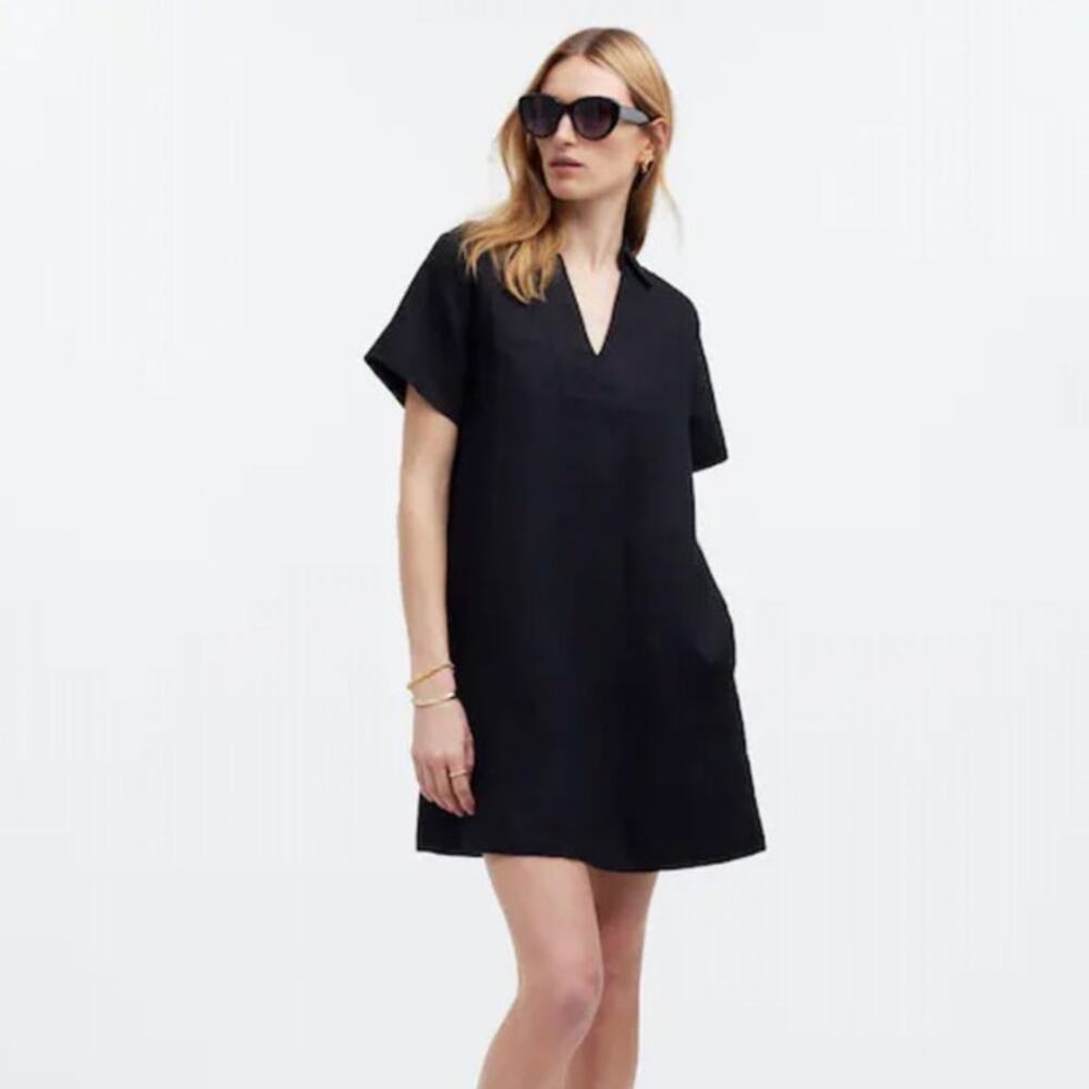 Madewell Dress Black V-Neck Puff Sleeve Mini Shirt dress size medium